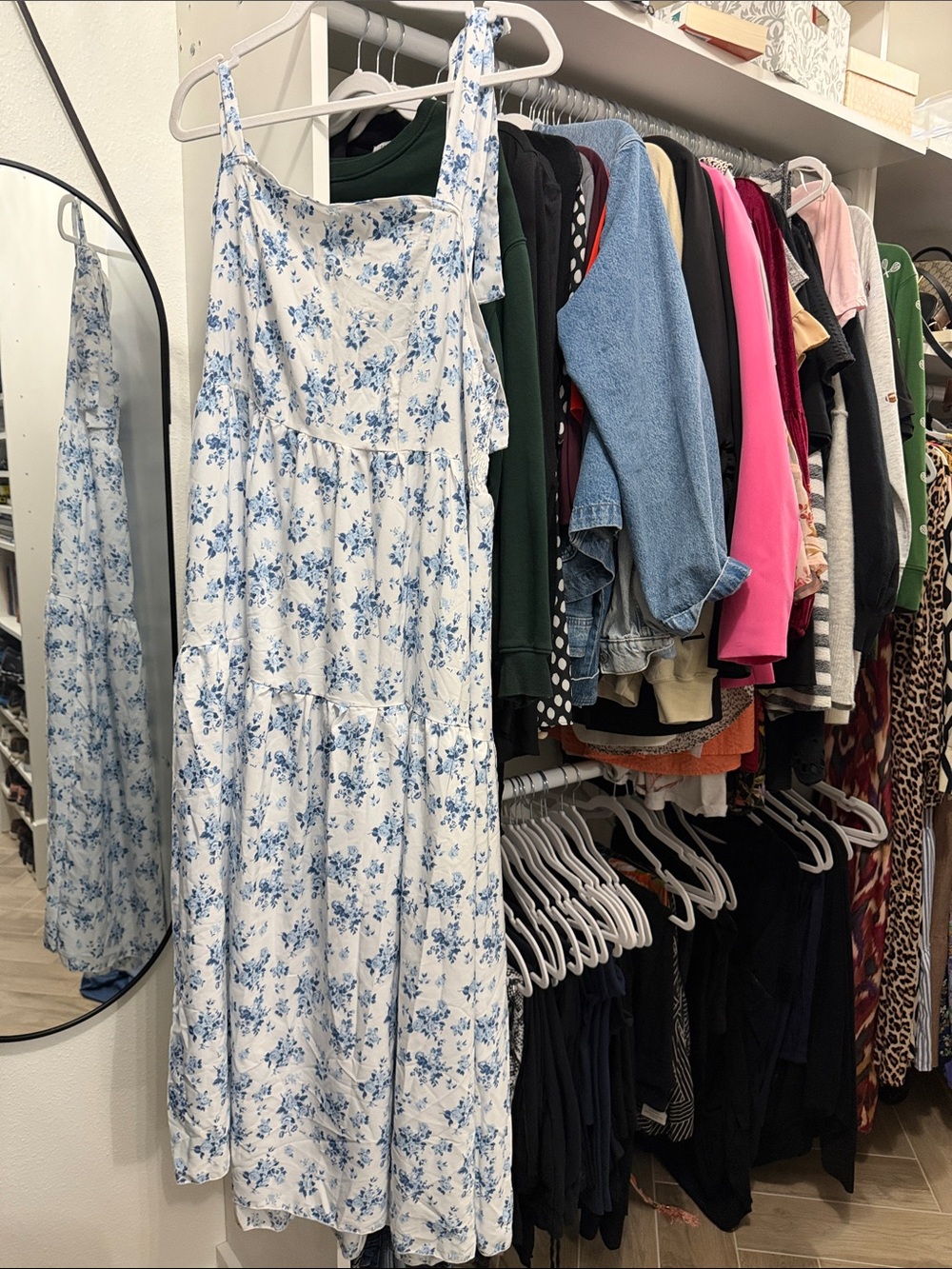 Women’s White and Blue Floral Maxi Dress with Tie Straps